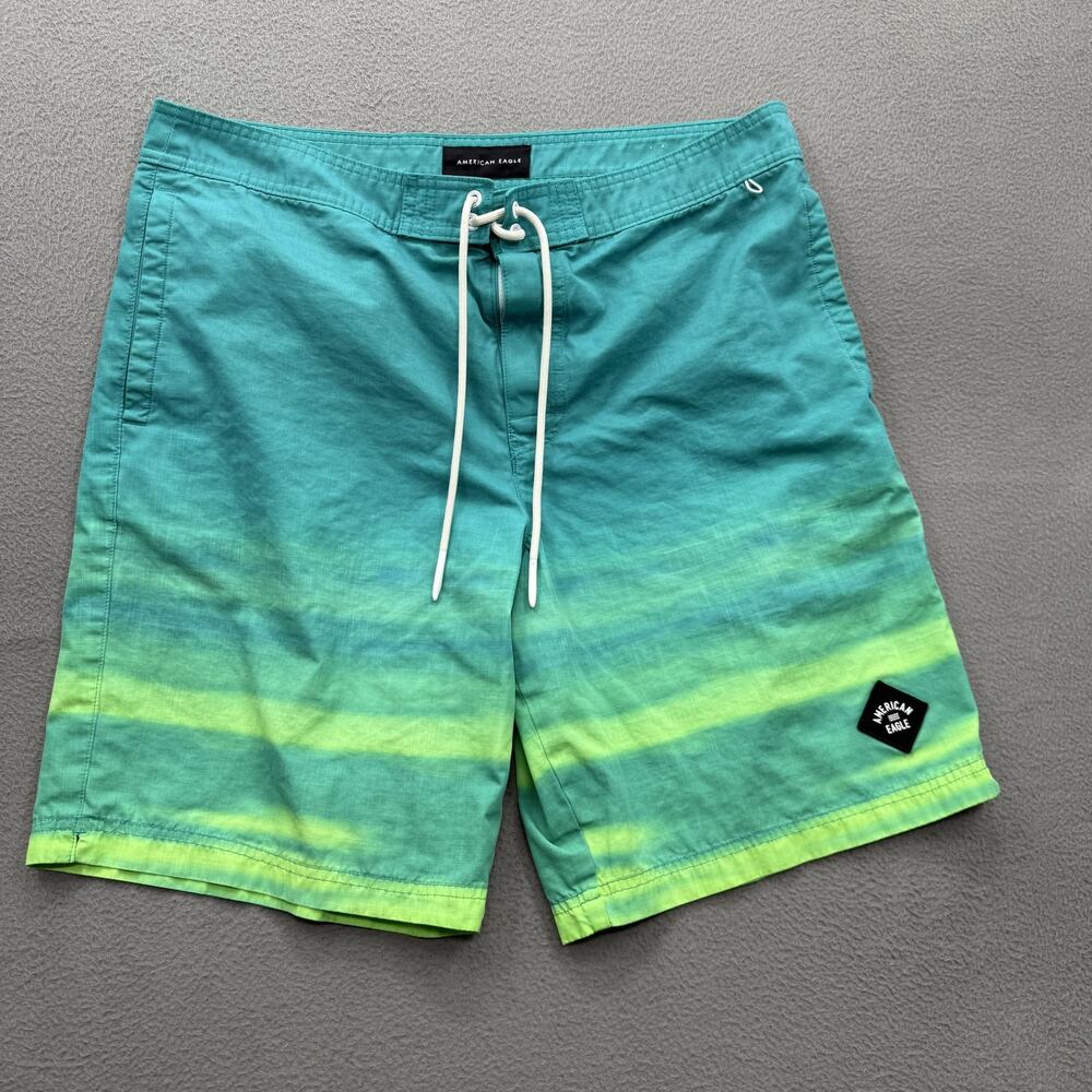 American Eagle Swim‎ Shorts Mens Large Green Ombre Stripe Trunks Beach Surf